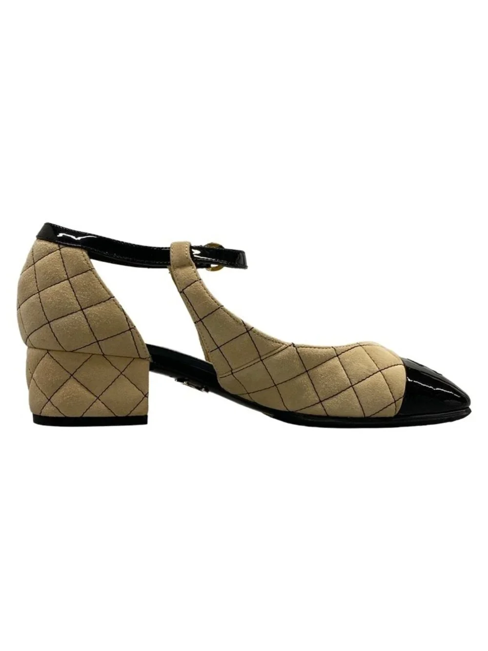 Chanel Pumps Mary Jane Quilted Beige Black Leather Heels